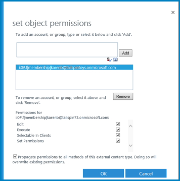 Capture d’écran de la boîte de dialogue Définir les autorisations d’objet pour Business Connectivity Services dans SharePoint.