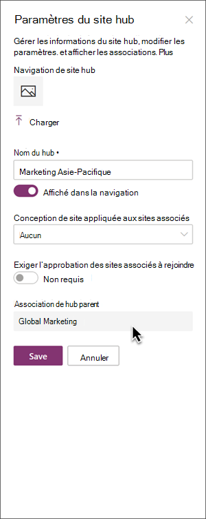 Image du panneau des paramètres du site hub mettant en évidence l’association du hub parent