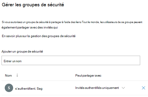 Capture d’écran du volet Gérer les groupes de sécurité.