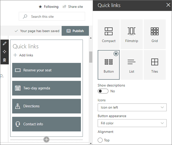 Image du composant WebPart Liens rapides