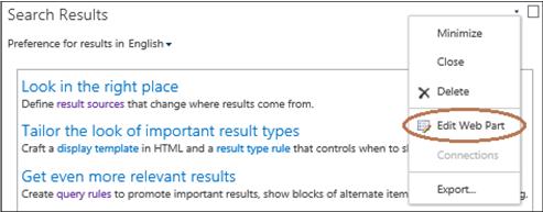 capture d'écran du menu du composant WebPart Résultats de la recherche