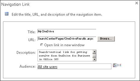 capture d’écran de la boîte de dialogue Lien de navigation