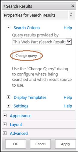 Capture d'écran du bouton Changer la requête dans le volet d'outils du composant WebPart de résultats de recherche