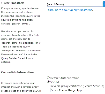 Sections Transformation de requête et Informations d’identification sur la page Nouvelle source de résultat dans SharePoint dans Microsoft 365