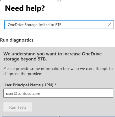 Capture d’écran de la fenêtre Besoin d’aide indique que vous comprenez que vous souhaitez augmenter le stockage OneDrive au-delà de 5 To.