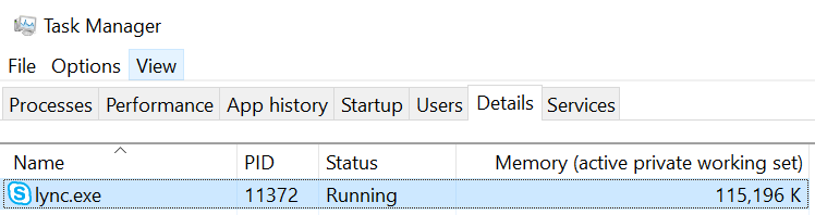 Capture d’écran montrant les détails de l’application Lync dans la fenêtre Gestionnaire des tâches avec La mémoire atteint 115 196 Ko.