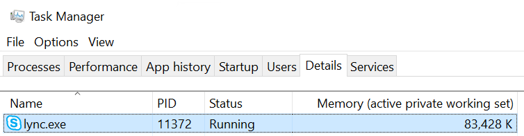 Capture d’écran montrant les détails de l’application Lync dans la fenêtre Gestionnaire des tâches avec les valeurs mémoire 83 428 Ko.