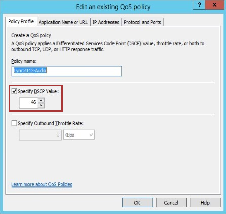 Capture d’écran montrant l’option permettant de modifier la valeur Specify DSC P dans la fenêtre Modifier une stratégie Q OS existante.