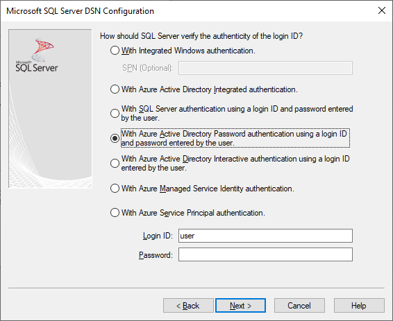 L’écran de création et de modification du nom de source de données avec l’authentification par mot de passe Microsoft Entra sélectionnée.