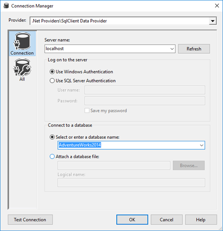 Capture d’écran de la boîte de dialogue Gestionnaire des connexions. Les contrôles sont disponibles pour la configuration d’une connexion de données.