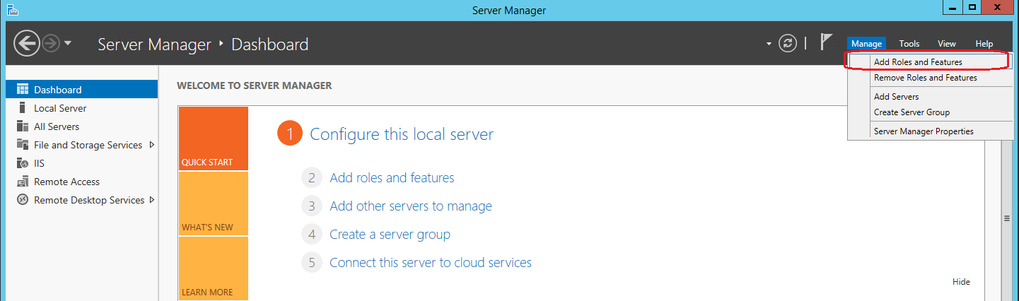 Dans Gestionnaire de serveur, la commande de menu Ajouter des rôles et des fonctionnalités