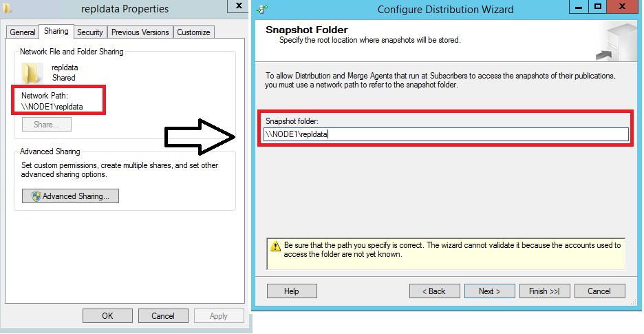 Comparaison des chemins réseau dans la boîte de dialogue « Propriétés de repldata » et dans l’Assistant Configuration de la distribution