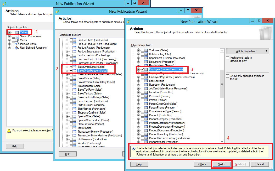 Sélections de table dans la page « articles »