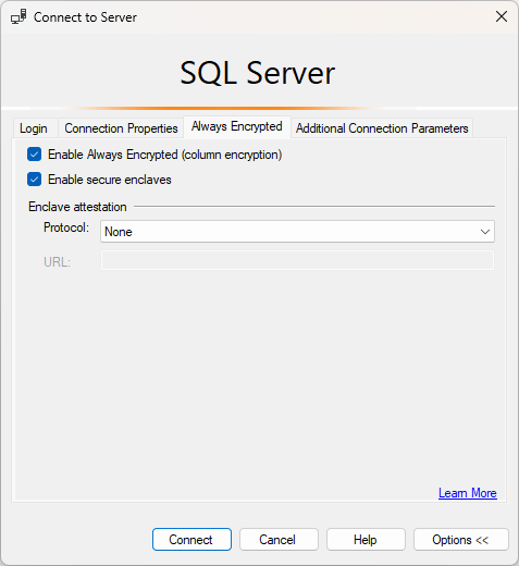 Capture d’écran de l’onglet Connexion au serveur Always Encrypted sans attestation à l’aide du SSMS.