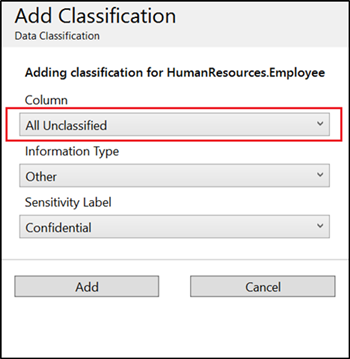 Capture d’écran de la classification des données SSMS – Sélection de toutes les colonnes non classées.