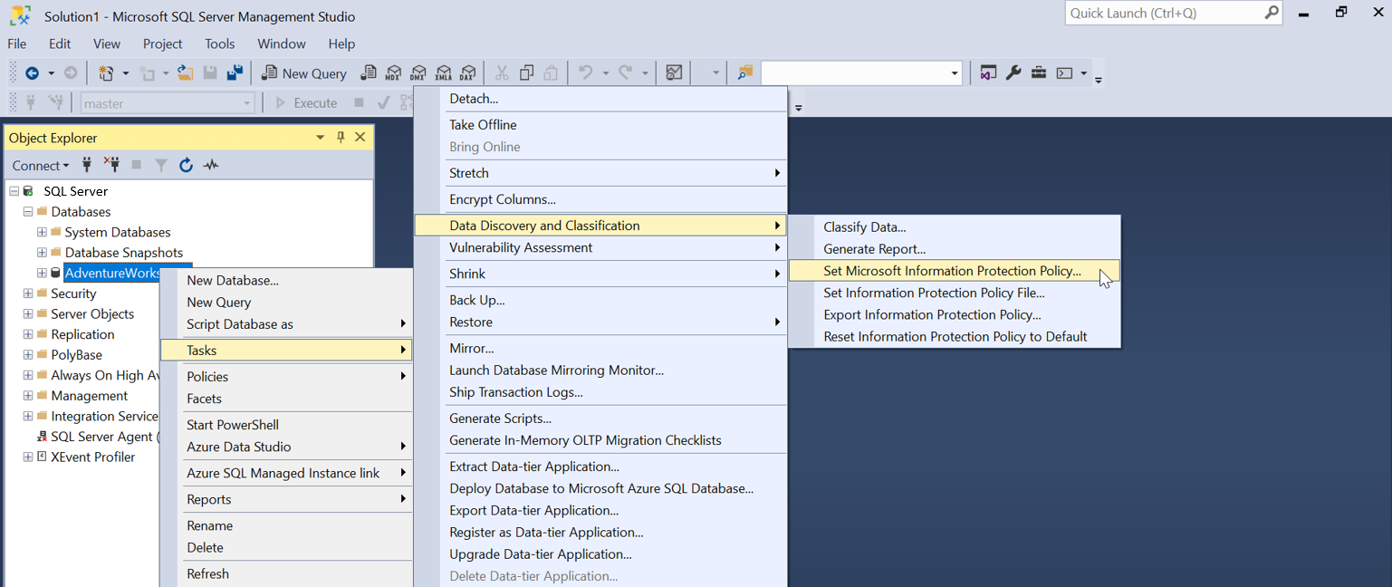 Capture d’écran de la définition de la stratégie Microsoft Information Protection dans SSMS.