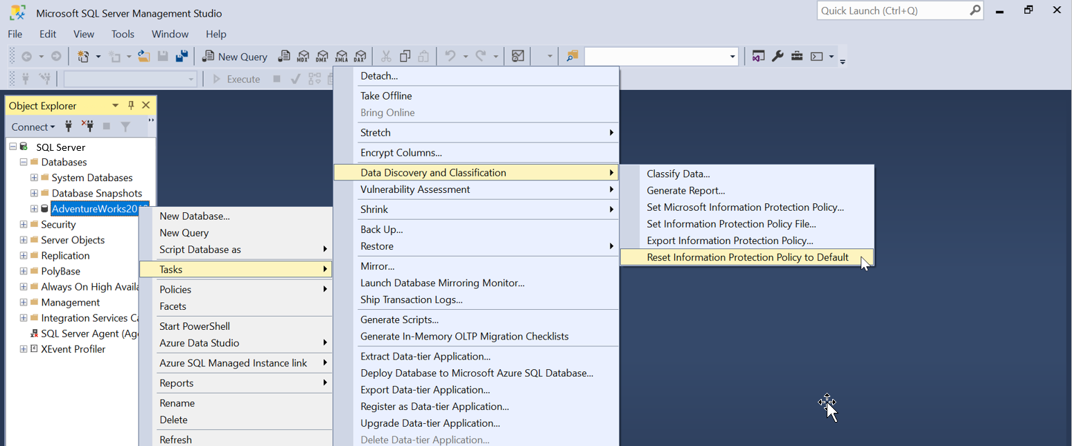 Capture d’écran de la réinitialisation de la stratégie Information Protection dans SSMS.