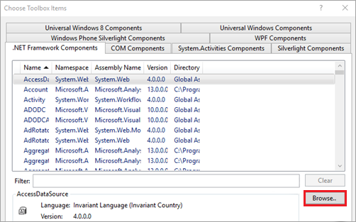 Capture d'écran de Visual Studio, mettant en évidence le bouton Parcourir dans la boîte de dialogue Composants .NET Framework.