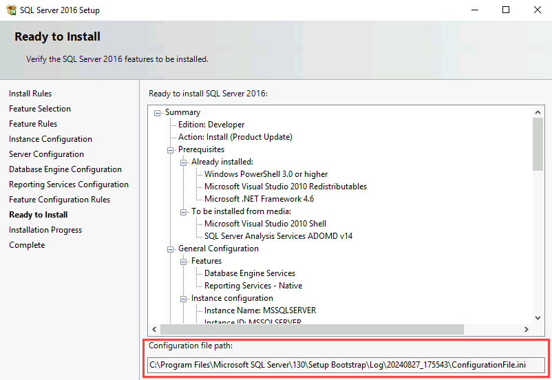 Capture d’écran de la page Prêt à installer. Sous Chemin d’accès au fichier de configuration. Un chemin d’accès à un fichier de configuration est mis en surbrillance.