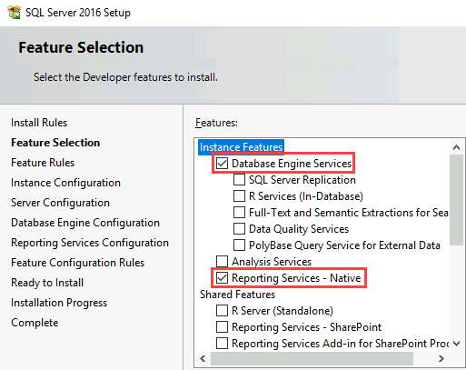 Capture d’écran de la page Sélection des fonctionnalités dans l’Assistant Installation. Services Moteur de base de données et Service de rapports – Natif sont mis en surbrillance.