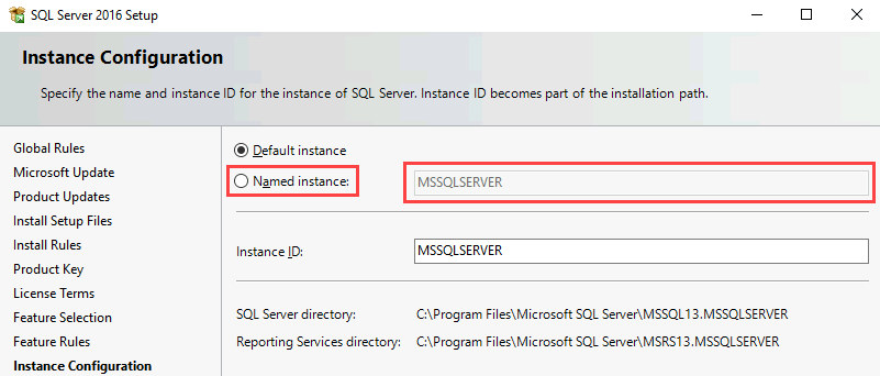 Capture d’écran de la page Configuration de l’instance dans l’Assistant Installation. L’option Instance nommée et le champ à côté de celui-ci sont mis en surbrillance.