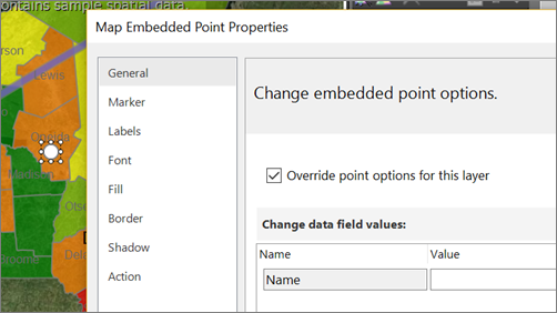 Capture d’écran montrant la section Modifiez les options des points incorporés de la boîte de dialogue Propriétés des points incorporés de la carte.