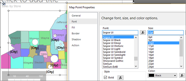 Capture d’écran montrant la section Modifiez la police, la taille et la couleur de la boîte de dialogue Propriétés des points de la carte.