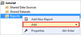 Capture d’écran de l’Explorateur de solutions avec l’option Ajouter sélectionnée dans le menu local Rapports.