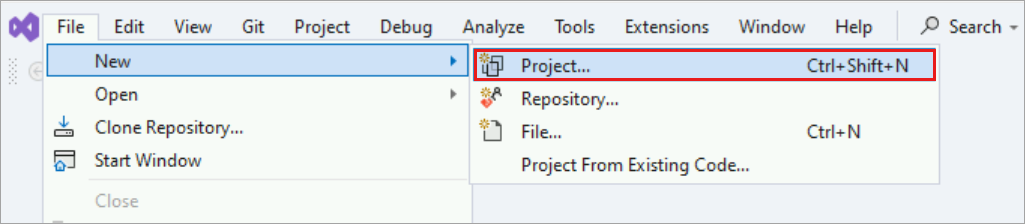 Capture d’écran de Visual Studio montrant l’option projet sélectionnée dans le menu Nouveau dans le menu Fichier.