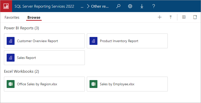 Capture d’écran de la section des rapports Power BI Desktop et de la section des classeurs Excel.