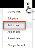 Capture d’écran du menu d’engrenage, mettant en évidence Ajouter une page.