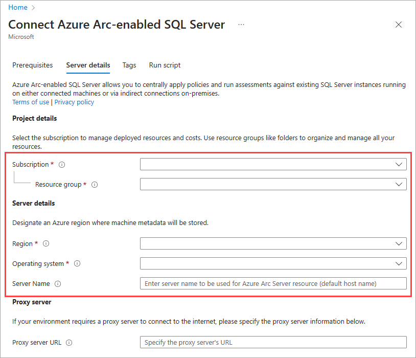 Capture d’écran des détails du serveur pour Azure Arc.