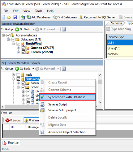 Capture d’écran montrant Synchronize with Database.