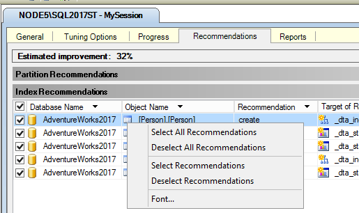 Menu de sélection pour la recommandation d’index