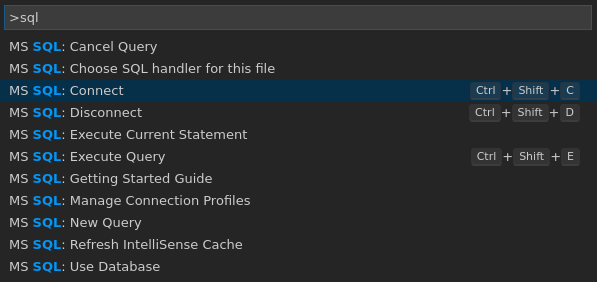 Capture d’écran de la palette de commandes Visual Studio Code, filtrée pour les commandes « MS SQL ».