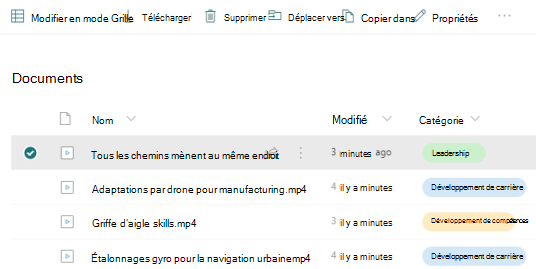 Une liste de vidéos dans une bibliothèque de documents avec chacune une colonne personnalisée appelée « Catégorie » remplie avec les valeurs « Leadership », « Développement de carrière » et « Développement de compétences ».