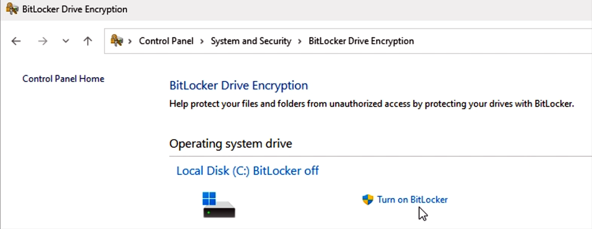 [Capture d’écran montrant comment activer BitLocker via Panneau de configuration.