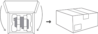 Image montrant comment placer l’ancienne cartouche de calcul et son emballage dans la boîte utilisée pour la cartouche de calcul de remplacement. Ressealez la boîte.