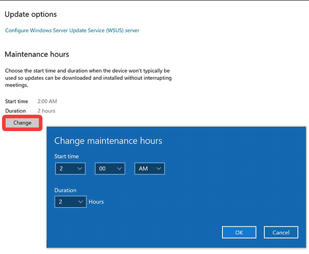 Image montrant où configurer les heures de maintenance du Surface Hub.