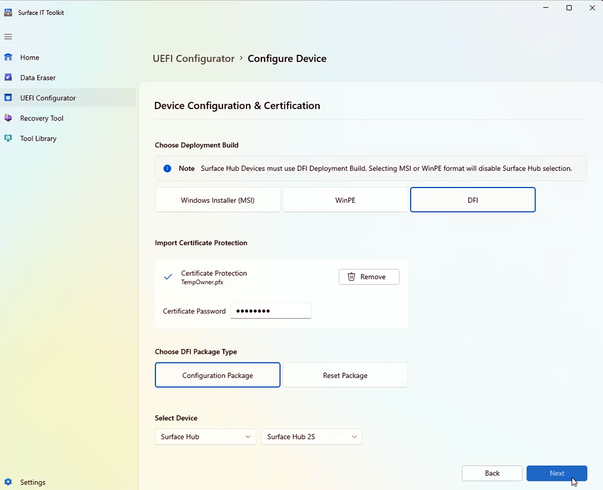 Capture d’écran de la configuration et de la certification de l’appareil.