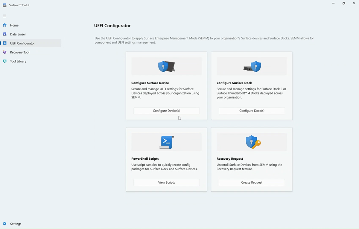 Capture d’écran du configurateur UEFI pour Surface Hub.