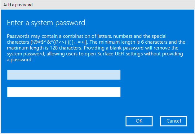 Ajoutez un mot de passe pour protéger les paramètres UEFI de Surface.