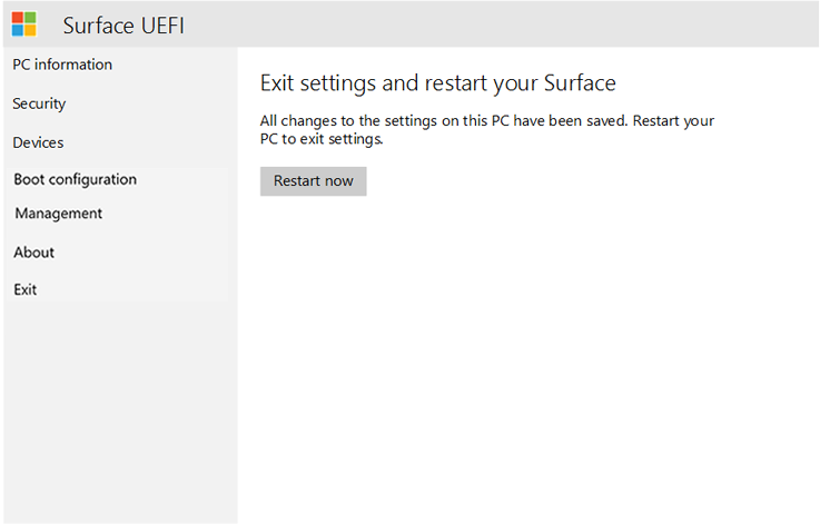 Quittez l’UEFI Surface et redémarrez l’appareil.