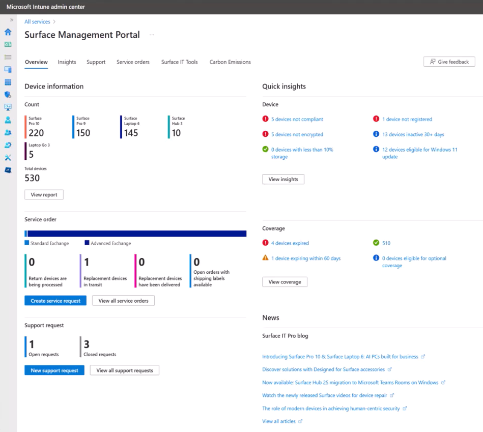 Capture d’écran du portail de gestion Microsoft Surface.