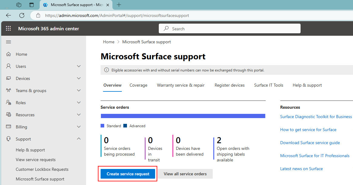 Capture d’écran du portail de support Surface.