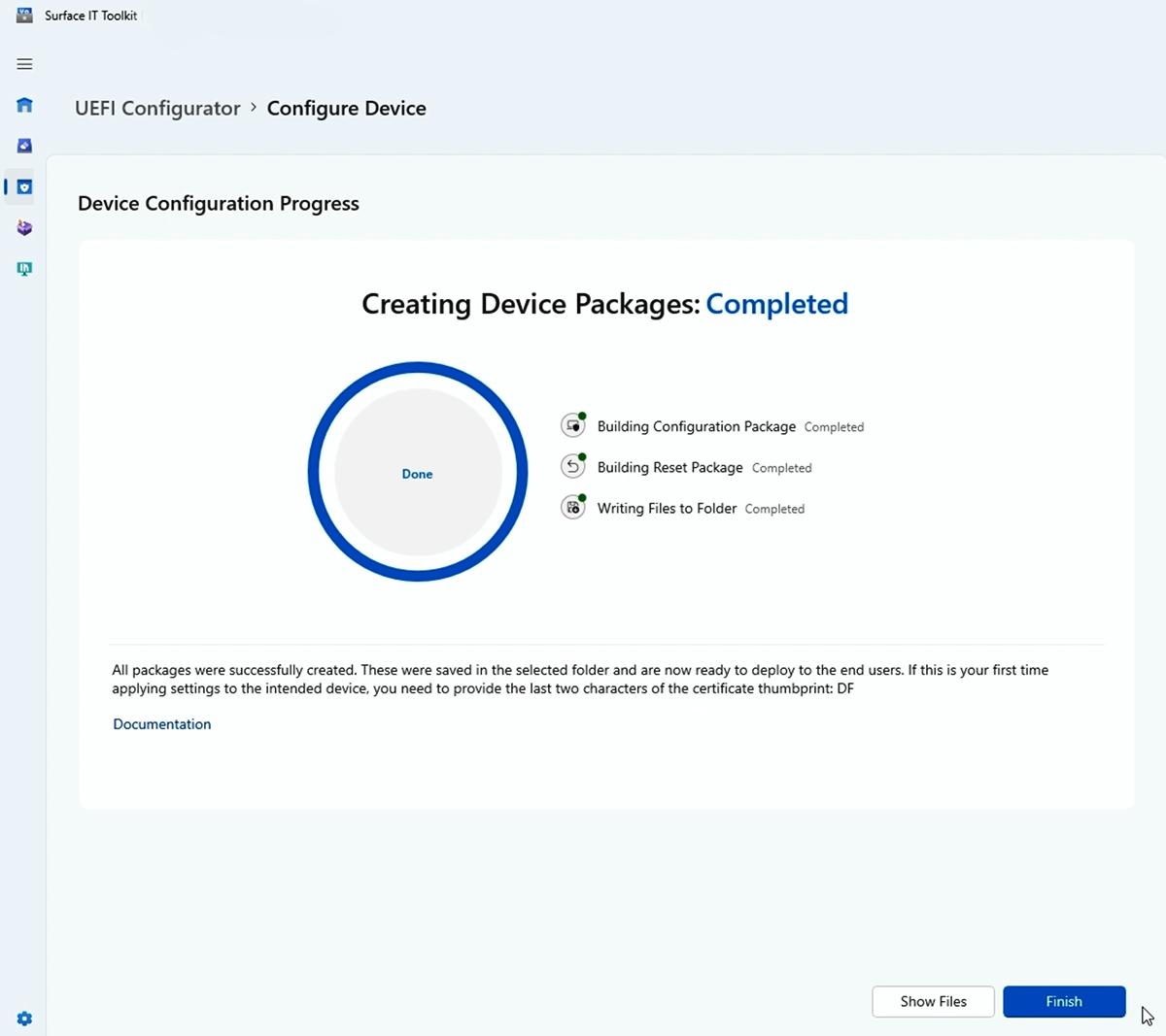 Capture d’écran de la configuration terminée pour le package d’appareil.