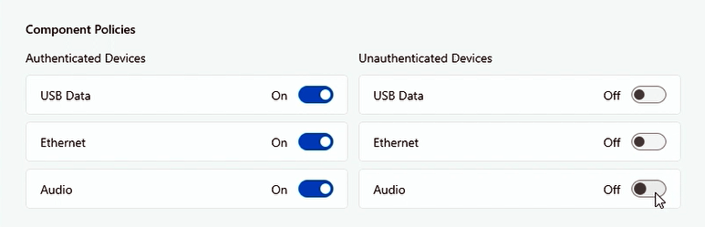 Capture d’écran montrant les ports désactivés pour les appareils non authentifiés.