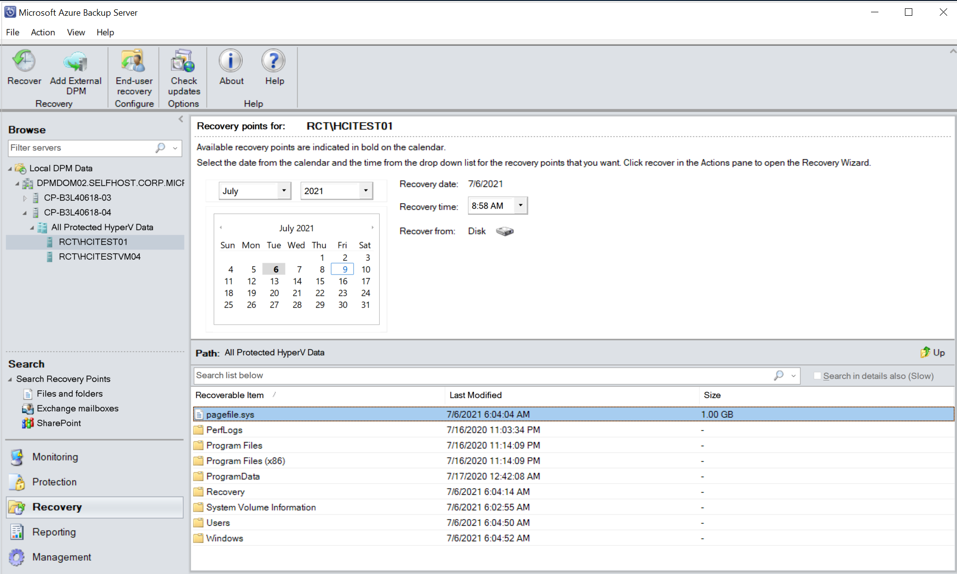 Capture d’écran de la sélection de la récupération dans la machine virtuelle Hyper-v.