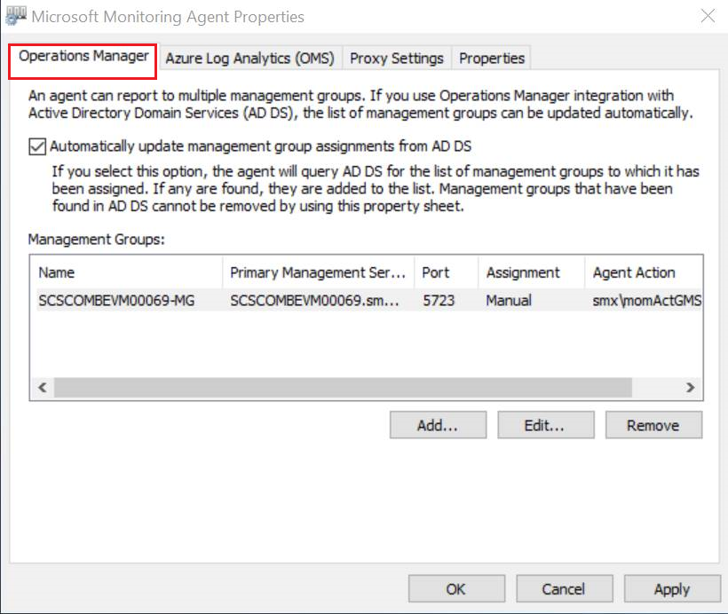 Capture d’écran de Microsoft Monitoring Agent.