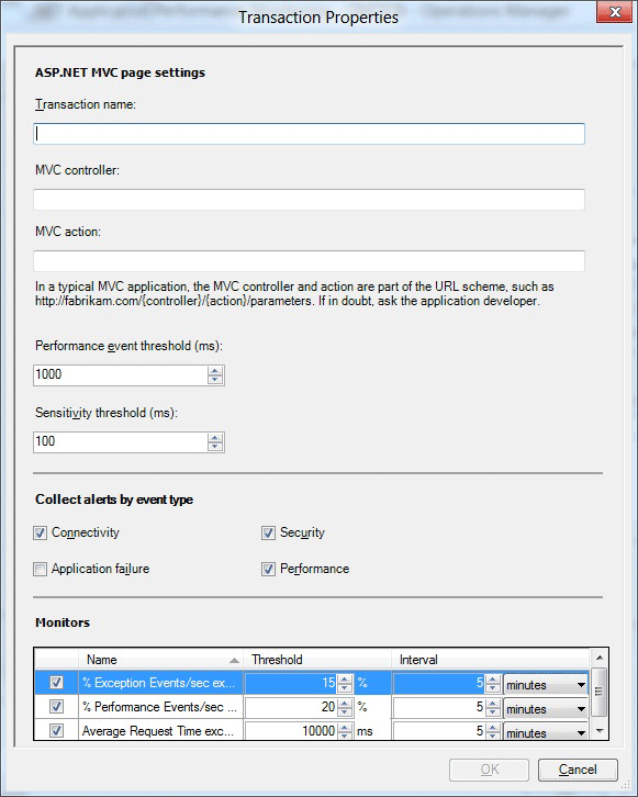 Capture d’écran de la page Propriétés de transaction pour MVC.